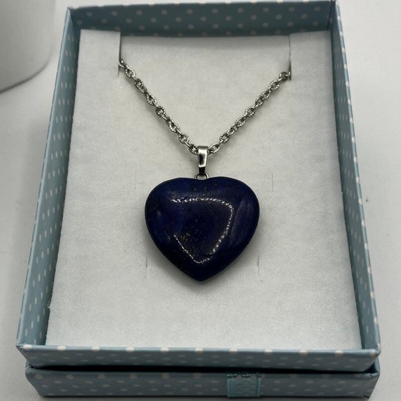 Genuine Lapis Lazuli Gemstone HEART Pendant 18 inch Stainless Steel Chain - Picture 13 of 16